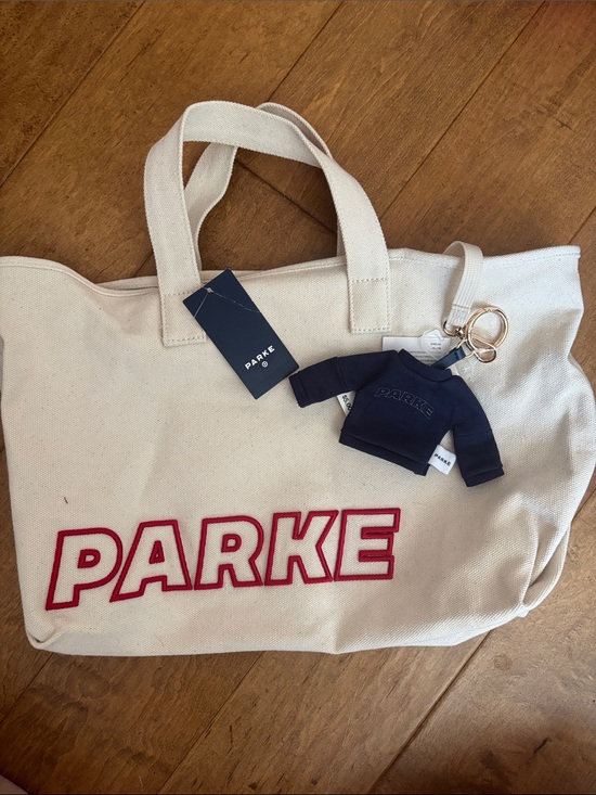 Parke Handbags - PARKE Canvas Tote Bag in Cream with Red Logo + Navy Parke Mockneck Keychain  NWT